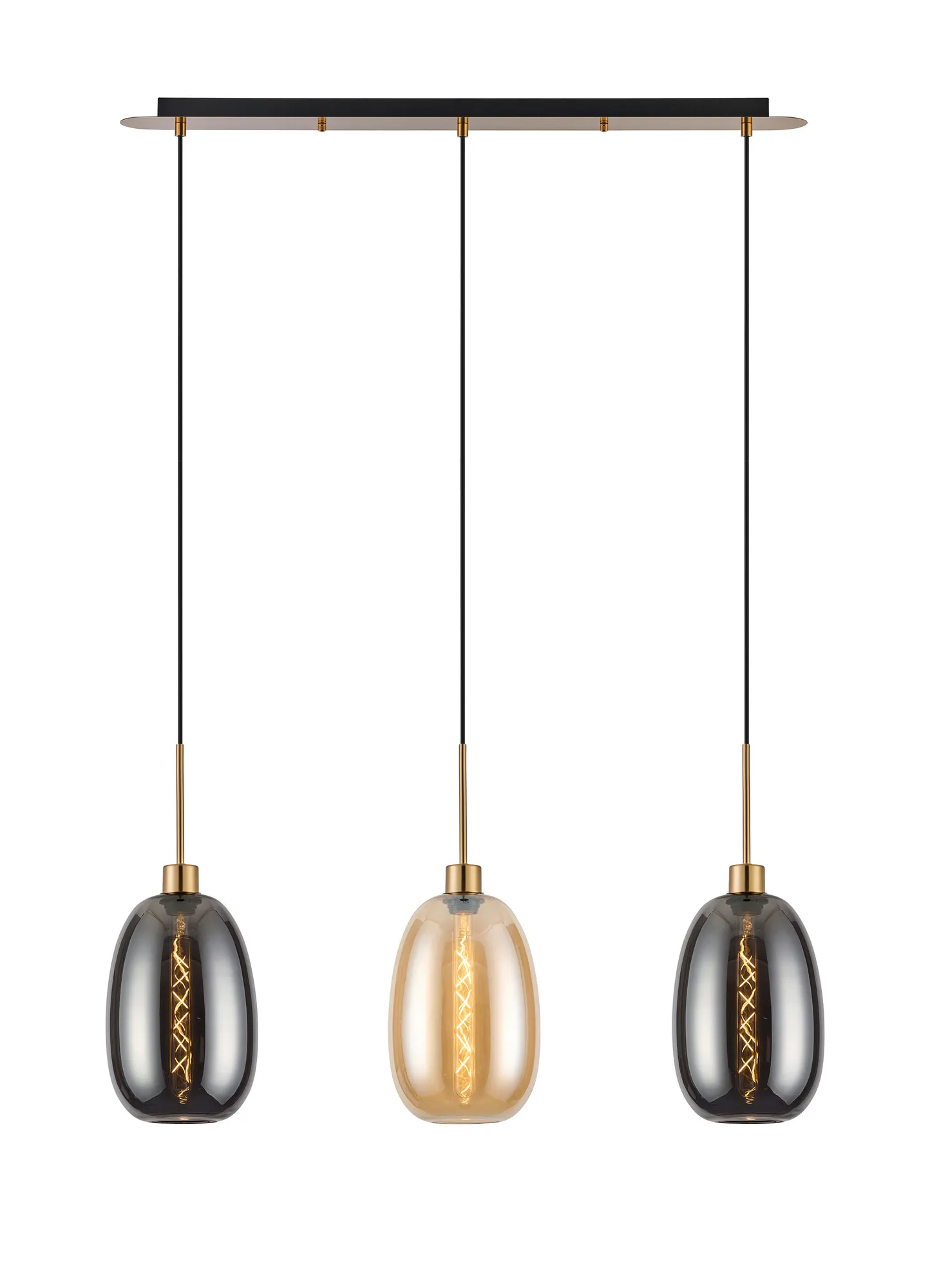 DK1207  Lori Linear Pendant, 3 Light Adjustable E27, Antique Gold/Amber/Smoke Slim Curved Trapezium Shades
